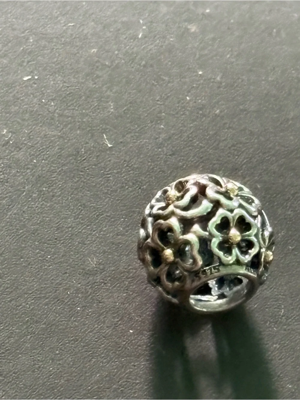 Pandora Silver Floral Openwork Charm Bead with Gold Accents